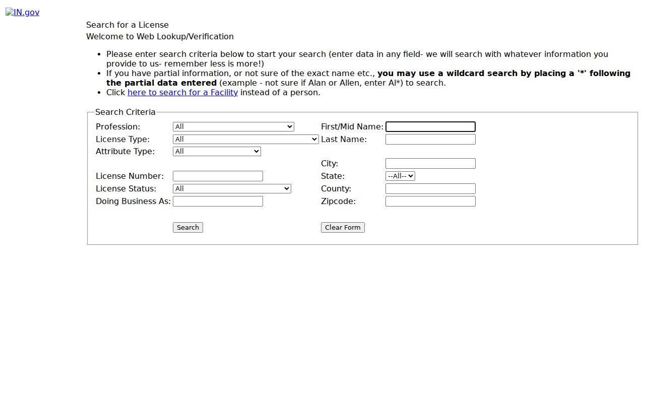 Indiana professional license verification for Marion County name searches
