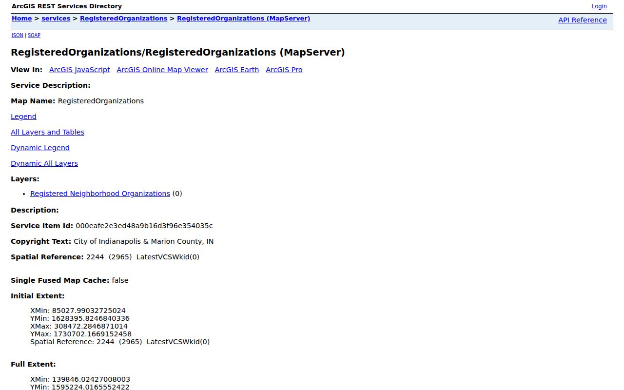 Indianapolis registered neighborhood organizations GIS map service