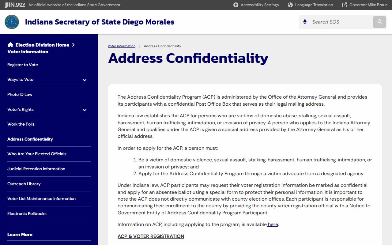 Indiana Safe at Home address confidentiality information for protected residents