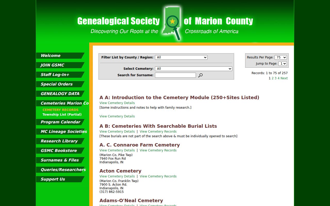 Genealogical Society of Marion County cemetery record search